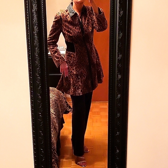 NWOT Faux-Fur Leopard Print Swing Coat, Faux-Leather Collar, Pockets! Peplum, S - Picture 16 of 17